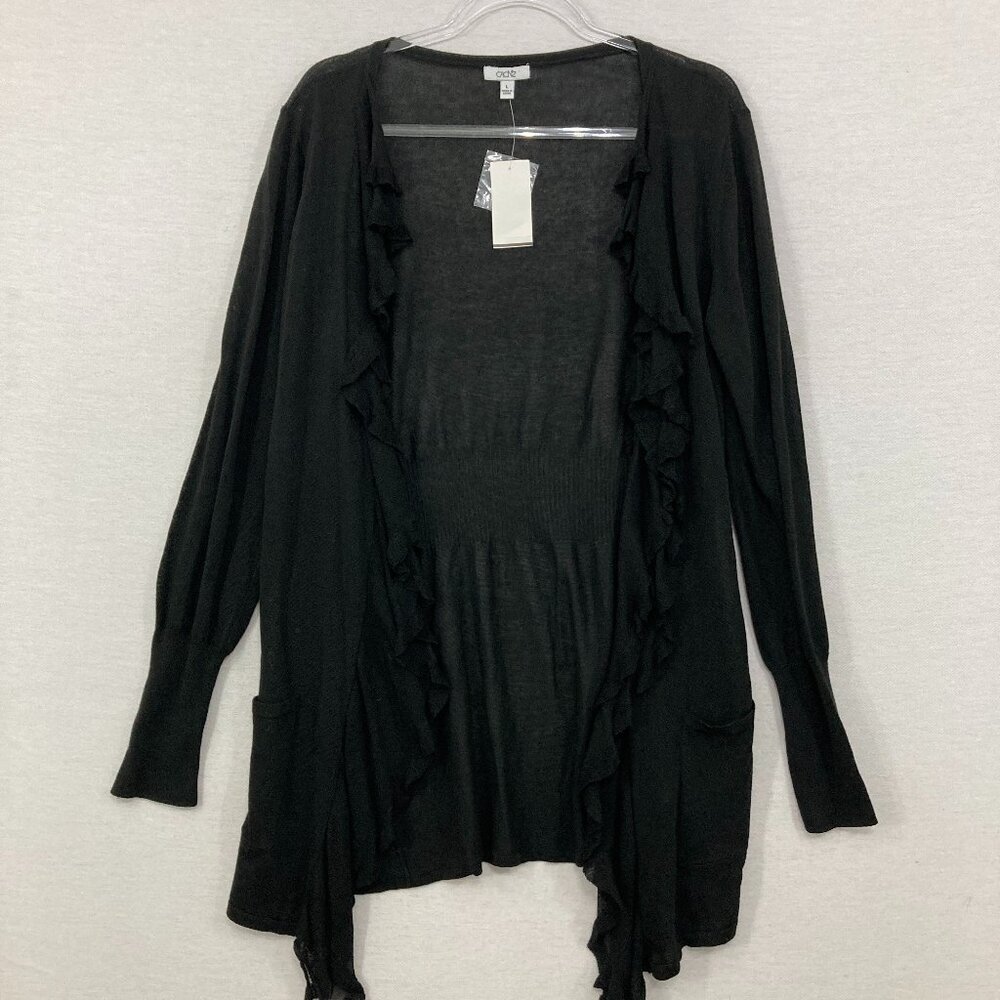 New Cache Large‎ Black Open Front Draped Ruffle Lightweight Cardigan